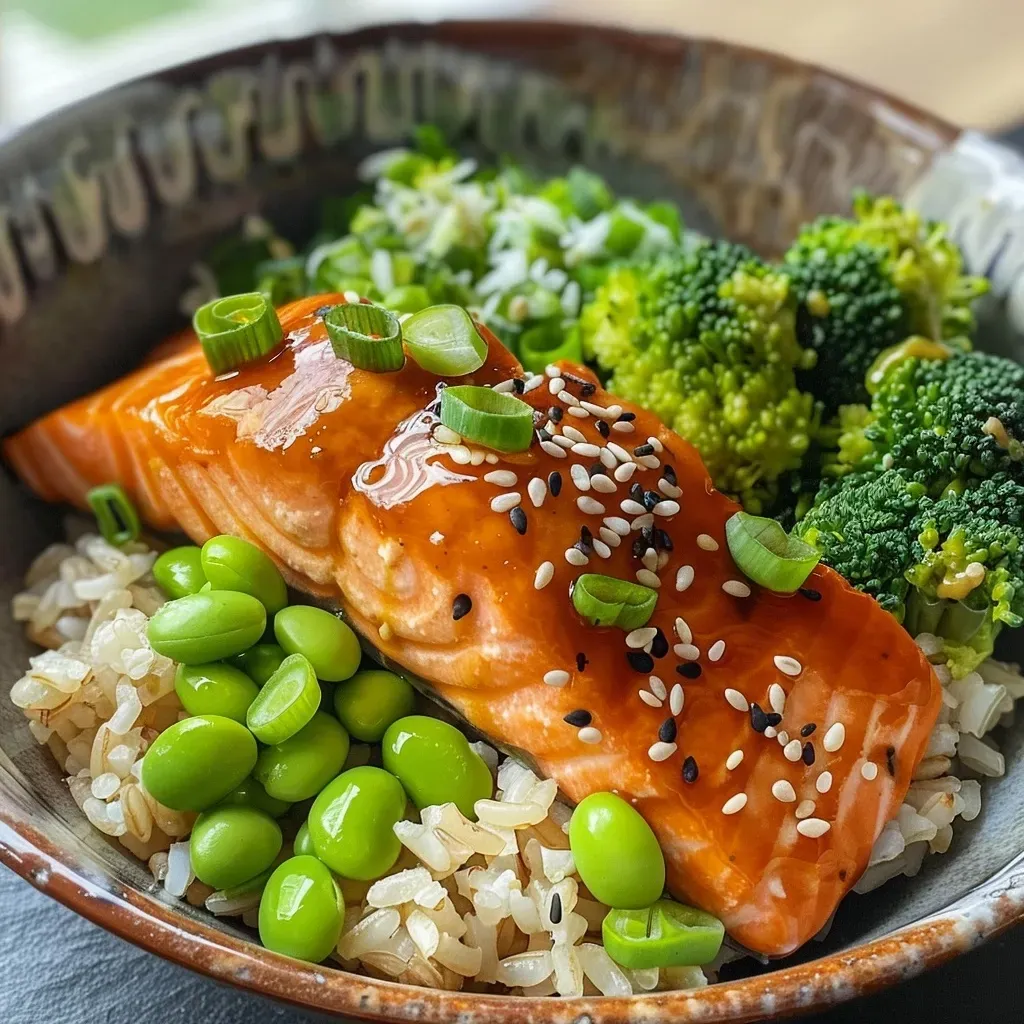 Close-up side view of a Baked Teriyaki Salmon Bowl with vibrant vegetables.