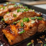 ['Close-up of a juicy baked teriyaki salmon fillet garnished with green onions and sesame seeds.', 'Side view of tender baked teriyaki salmon topped with sliced green onions and a drizzle of sauce.', 'Deliciously glistening baked salmon fillets with a rich teriyaki glaze and green onion garnish.', 'Close-up of flavorful baked teriyaki salmon, sprinkled with sesame seeds and green onions.']