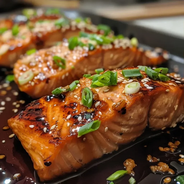 ['Close-up of a juicy baked teriyaki salmon fillet garnished with green onions and sesame seeds.', 'Side view of tender baked teriyaki salmon topped with sliced green onions and a drizzle of sauce.', 'Deliciously glistening baked salmon fillets with a rich teriyaki glaze and green onion garnish.', 'Close-up of flavorful baked teriyaki salmon, sprinkled with sesame seeds and green onions.']