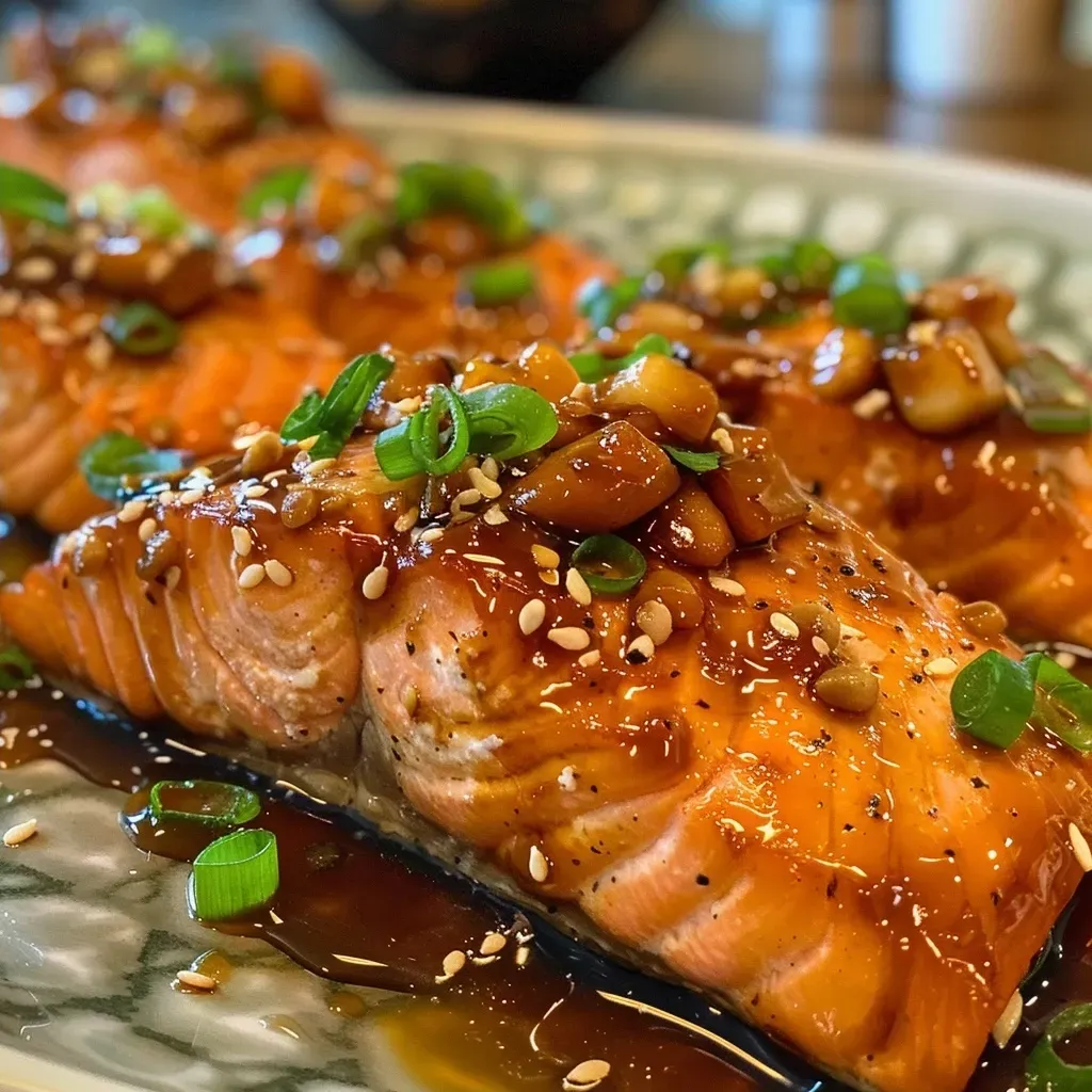 ['Close-up of a juicy baked teriyaki salmon fillet garnished with green onions and sesame seeds.', 'Side view of tender baked teriyaki salmon topped with sliced green onions and a drizzle of sauce.', 'Deliciously glistening baked salmon fillets with a rich teriyaki glaze and green onion garnish.', 'Close-up of flavorful baked teriyaki salmon, sprinkled with sesame seeds and green onions.']