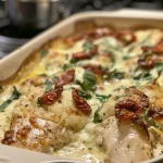 ['A close-up side view of a Baked Tuscan Chicken Casserole with melted cheese and sun-dried tomatoes.', 'Juicy Baked Tuscan Chicken Casserole displayed in a dish, showcasing layers of chicken and creamy sauce.', 'A vibrant close-up of a Baked Tuscan Chicken Casserole, highlighting its cheesy, golden top and colorful ingredients.', 'Freshly baked Tuscan Chicken Casserole with visible spinach and sun-dried tomatoes, served in a ceramic dish.']