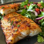 ['Juicy blackened cod fillet served alongside a vibrant red bean salad.', 'Close-up view of blackened cod accompanied by a zesty red bean salad.', 'A plate featuring a golden-brown cod fillet and a colorful zesty red bean salad.', 'Deliciously seasoned blackened cod next to a fresh red bean salad with vegetables.']