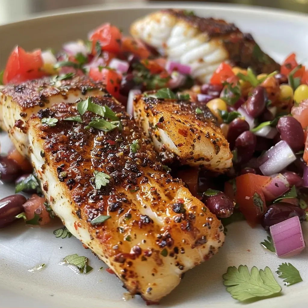 Juicy blackened cod fillet served alongside a vibrant red bean salad.