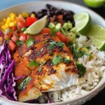 ['Close-up view of a colorful blackened fish taco bowl with fresh ingredients.', 'Side angle of a vibrant blackened fish taco bowl filled with rice, cabbage, and toppings.', 'Juicy blackened fish taco bowl showcasing fish fillets and assorted toppings.', 'Detailed shot of a blackened fish taco bowl featuring sliced avocado and pico de gallo.']