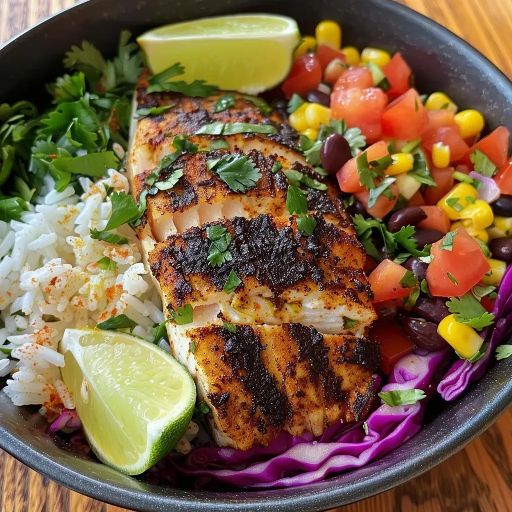 Close-up view of a colorful blackened fish taco bowl with fresh ingredients.