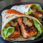 ['Close-up view of a Blackened Salmon Caesar Wrap filled with greens and croutons.', 'Side view of a Blackened Salmon Caesar Wrap showcasing its juicy filling.', 'Delicious Blackened Salmon Caesar Wrap on a plate, highlighting the ingredients inside.', 'A vibrant Blackened Salmon Caesar Wrap bursting with color and texture.']