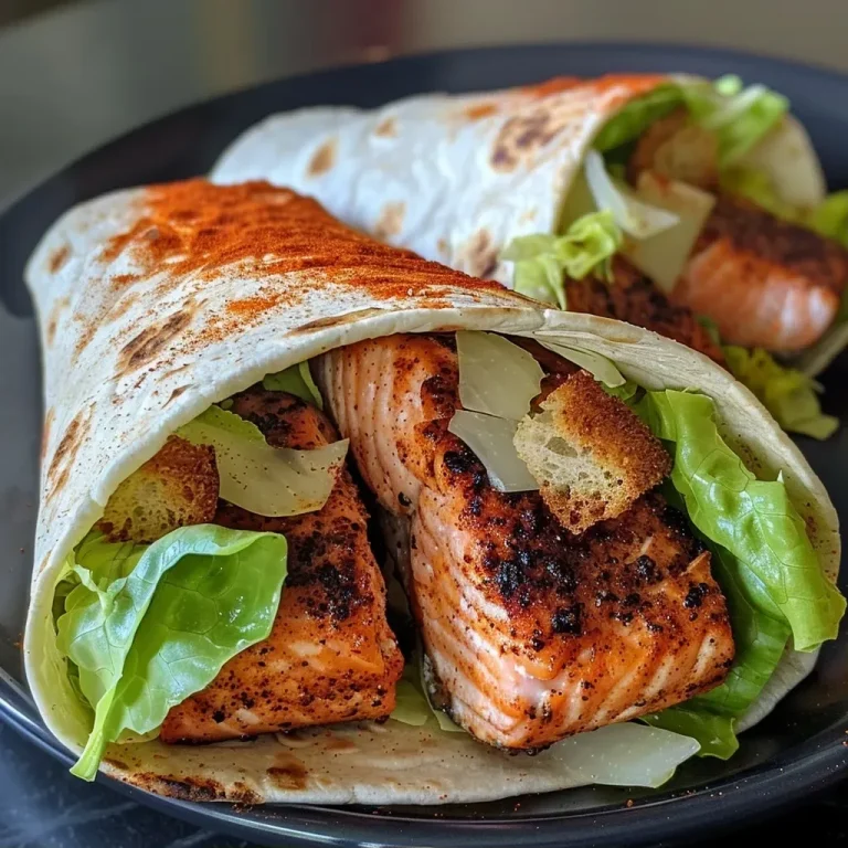 ['Close-up view of a Blackened Salmon Caesar Wrap filled with greens and croutons.', 'Side view of a Blackened Salmon Caesar Wrap showcasing its juicy filling.', 'Delicious Blackened Salmon Caesar Wrap on a plate, highlighting the ingredients inside.', 'A vibrant Blackened Salmon Caesar Wrap bursting with color and texture.']