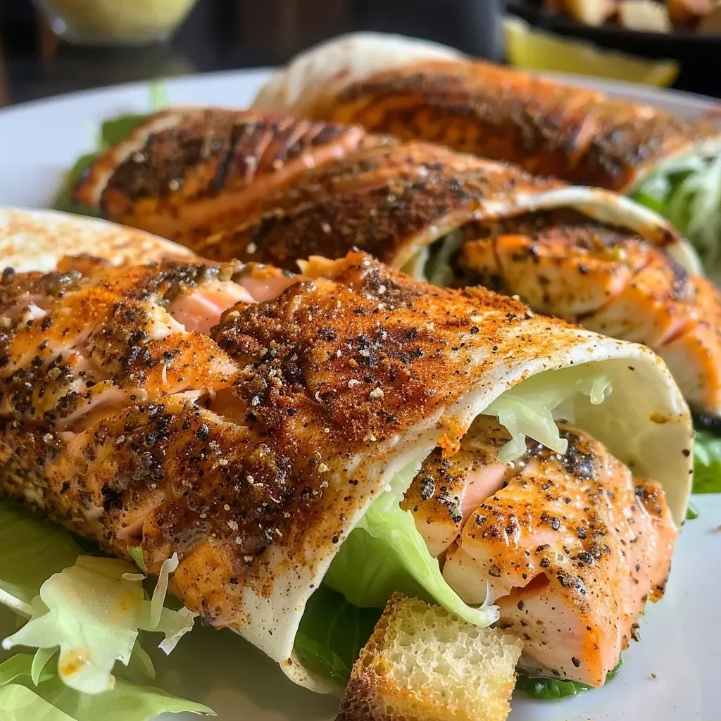 ['Close-up view of a Blackened Salmon Caesar Wrap filled with greens and croutons.', 'Side view of a Blackened Salmon Caesar Wrap showcasing its juicy filling.', 'Delicious Blackened Salmon Caesar Wrap on a plate, highlighting the ingredients inside.', 'A vibrant Blackened Salmon Caesar Wrap bursting with color and texture.']