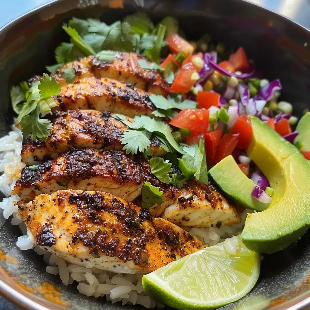 ['A close-up view of a Blackened Tilapia Taco Bowl featuring grilled fish, rice, and fresh toppings.', 'Side view of a Blackened Tilapia Taco Bowl filled with tilapia, sliced avocado, and colorful vegetables.', 'Juicy Blackened Tilapia in a taco bowl with rice, cabbage, and salsa garnished with lime.', 'A vibrant Blackened Tilapia Taco Bowl showcasing fresh ingredients, including fish, avocado, and sour cream.']