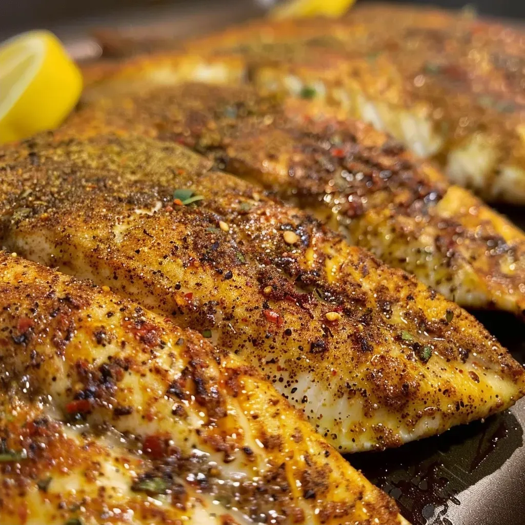 ['Close-up side view of crispy blackened tilapia on a white plate.', 'Juicy blackened tilapia fillets garnished with herbs and lemon slices.', 'Savory blackened tilapia served with a drizzle of olive oil and butter.', 'Vibrant display of blackened tilapia seasoned perfectly, ready to eat.']