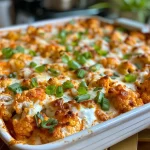 ['Close-up view of a creamy Buffalo Chicken Cauliflower Casserole with cheese and green onions.', 'Side angle of a baked Buffalo Chicken Cauliflower dish topped with melted mozzarella and garnished with green onions.', 'Juicy Buffalo Chicken Cauliflower Casserole filled with shredded chicken and baked golden brown.', 'A serving of Buffalo Chicken Cauliflower Casserole showcasing cauliflower florets and a rich sauce.']