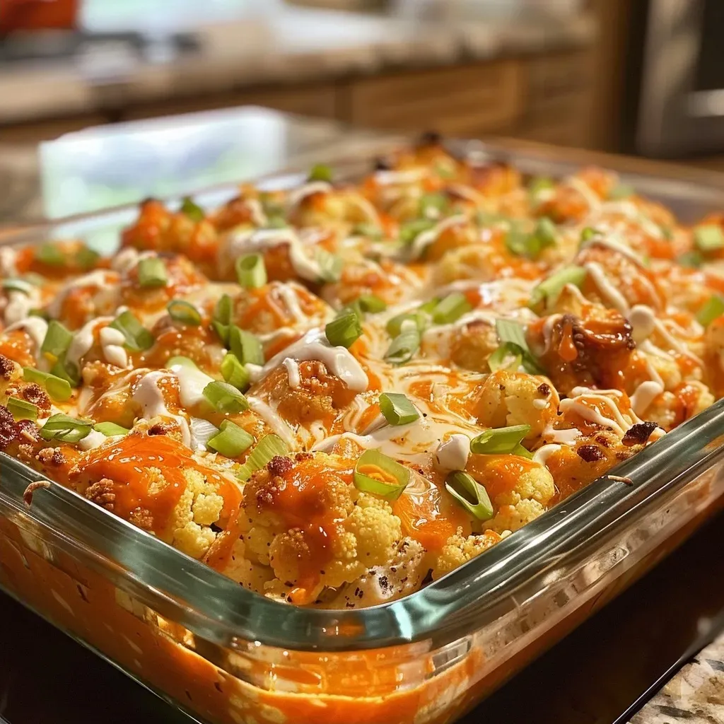 ['Close-up view of a creamy Buffalo Chicken Cauliflower Casserole with cheese and green onions.', 'Side angle of a baked Buffalo Chicken Cauliflower dish topped with melted mozzarella and garnished with green onions.', 'Juicy Buffalo Chicken Cauliflower Casserole filled with shredded chicken and baked golden brown.', 'A serving of Buffalo Chicken Cauliflower Casserole showcasing cauliflower florets and a rich sauce.']