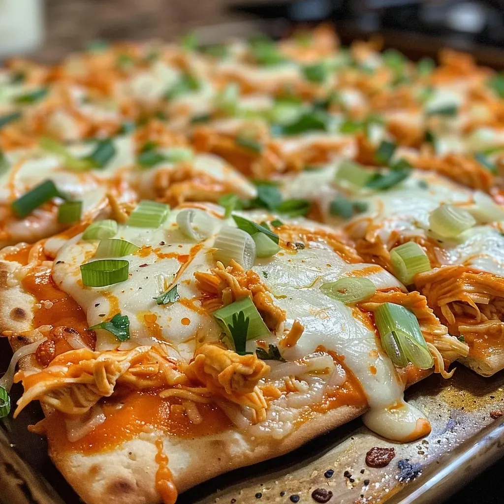 ['Close-up side view of a Buffalo Chicken Flatbread topped with melted cheese and shredded chicken.', 'A juicy Buffalo Chicken Flatbread with a golden crust and vibrant sauce, served on a plate.', 'Side view of a freshly made Buffalo Chicken Flatbread showcasing its toppings and texture.', 'A delectable Buffalo Chicken Flatbread with bright orange buffalo sauce and green herbs.']
