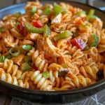 ['Close-up view of a colorful Buffalo Chicken Pasta Salad with various ingredients visible.', 'A side angle shot of a vibrant Buffalo Chicken Pasta Salad showcasing pasta, chicken, and vegetables.', 'Detailed image of a fresh Buffalo Chicken Pasta Salad, highlighting rotini, shredded chicken, and diced veggies.', 'A closeup photograph of Buffalo Chicken Pasta Salad with an array of colorful ingredients on display.']