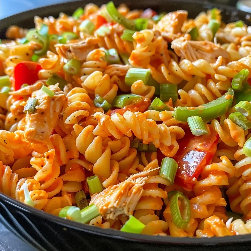 ['Close-up view of a colorful Buffalo Chicken Pasta Salad with various ingredients visible.', 'A side angle shot of a vibrant Buffalo Chicken Pasta Salad showcasing pasta, chicken, and vegetables.', 'Detailed image of a fresh Buffalo Chicken Pasta Salad, highlighting rotini, shredded chicken, and diced veggies.', 'A closeup photograph of Buffalo Chicken Pasta Salad with an array of colorful ingredients on display.']