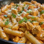 ['Close-up view of a creamy Buffalo chicken pasta dish, showcasing tender chicken pieces and colorful toppings.', 'Side perspective of Buffalo chicken pasta with vibrant garnishes, highlighting saucy texture and pasta shapes.', 'Juicy Buffalo chicken pasta in a bowl, featuring diced tomatoes and green onion garnishes.', 'Appetizing portion of Buffalo chicken pasta, with melted cheese and rich sauce visible in the frame.']