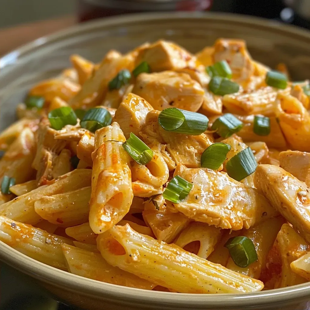 Close-up view of a creamy Buffalo chicken pasta dish, showcasing tender chicken pieces and colorful toppings.
