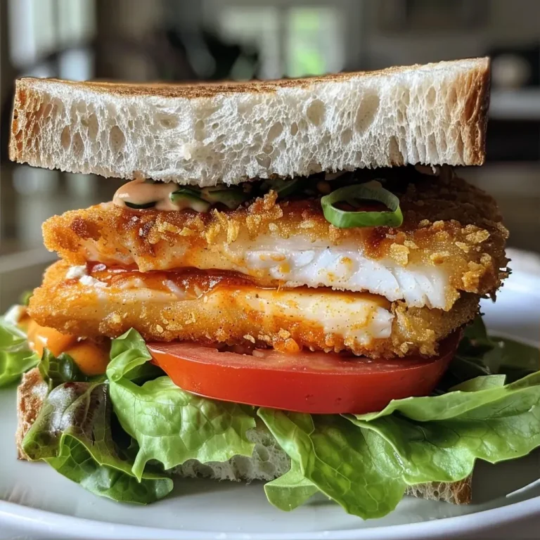 ['A golden-brown Buffalo Cod Filet Sandwich with lettuce and tomato.', 'Close-up side view of a crispy cod filet sandwich with buffalo sauce.', 'Juicy Buffalo Cod Filet Sandwich stacked with fresh lettuce and tomato.', 'Side view of a sandwich featuring breaded cod filet, buffalo sauce, and greens.']