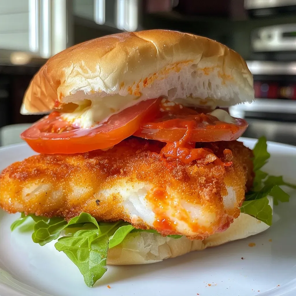 ['A golden-brown Buffalo Cod Filet Sandwich with lettuce and tomato.', 'Close-up side view of a crispy cod filet sandwich with buffalo sauce.', 'Juicy Buffalo Cod Filet Sandwich stacked with fresh lettuce and tomato.', 'Side view of a sandwich featuring breaded cod filet, buffalo sauce, and greens.']
