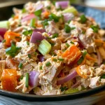 ['Close-up of a vibrant Buffalo Tuna Salad in a bowl, showcasing its colorful ingredients.', 'Side view photo of a delicious Buffalo Tuna Salad, highlighting the texture and freshness of the ingredients.', 'Juicy Buffalo Tuna Salad with red onion, carrots, and celery, captured in a detailed close-up.', 'A detailed view of Buffalo Tuna Salad, featuring glistening mayonnaise and buffalo sauce, ready to be served.']
