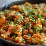 ['A close-up view of a skillet filled with Buffalo Turkey Cauliflower, featuring ground turkey and cauliflower mixed with vibrant buffalo sauce.', 'Side view of a colorful cauliflower skillet dish, showcasing juicy turkey and garnished with green onions.', 'Detailed shot of a savory Buffalo Turkey Cauliflower Skillet, highlighting the textures of cauliflower and turkey in a spicy sauce.', 'A mouthwatering image of a skillet with ground turkey and cauliflower, drizzled with buffalo sauce and topped with fresh herbs.']