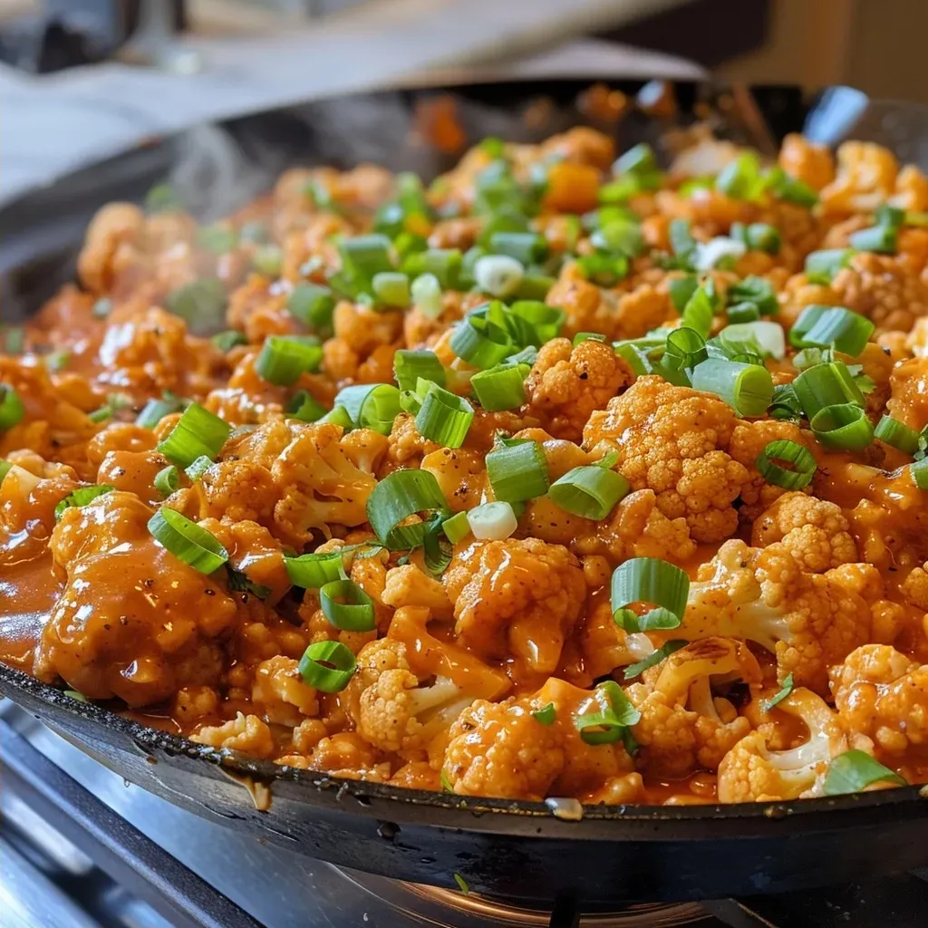 A close-up view of a skillet filled with Buffalo Turkey Cauliflower, featuring ground turkey and cauliflower mixed with vibrant buffalo sauce.