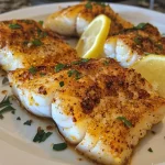 ['Close-up of juicy Buttered Cod fillets with a golden buttery glaze and herbs.', 'Side view of seasoned Buttered Cod garnished with lemon slices and parsley.', 'Fresh Buttered Cod pieces placed on a plate with a shiny butter coating.', 'Tasty Buttered Cod fillets accented with lemon juice and spices.']