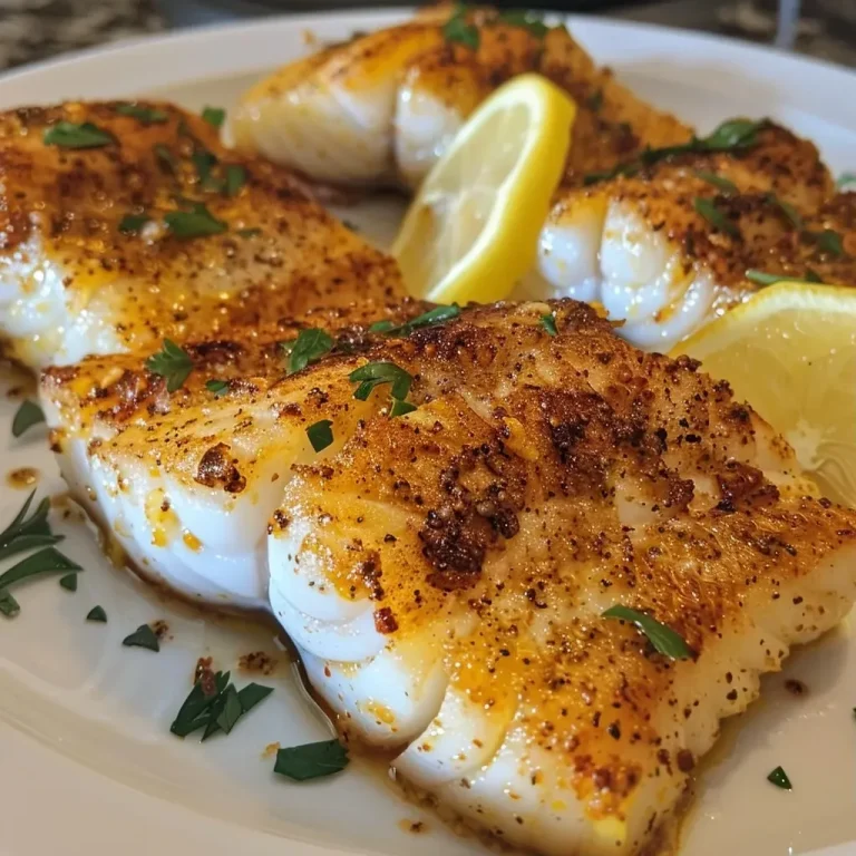 ['Close-up of juicy Buttered Cod fillets with a golden buttery glaze and herbs.', 'Side view of seasoned Buttered Cod garnished with lemon slices and parsley.', 'Fresh Buttered Cod pieces placed on a plate with a shiny butter coating.', 'Tasty Buttered Cod fillets accented with lemon juice and spices.']