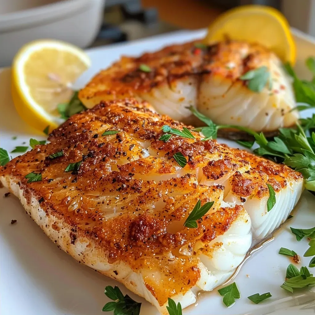 Close-up of juicy Buttered Cod fillets with a golden buttery glaze and herbs.