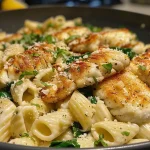 ['A close-up of buttered pasta topped with tilapia, spinach, and basil.', 'Juicy tilapia fillet served over buttered pasta, garnished with lemon zest and fresh herbs.', 'A plate of pasta with a rich buttery sauce, fresh spinach, and a side of tilapia.', 'Side view of tilapia laying atop a bed of buttered pasta with spinach and basil.']