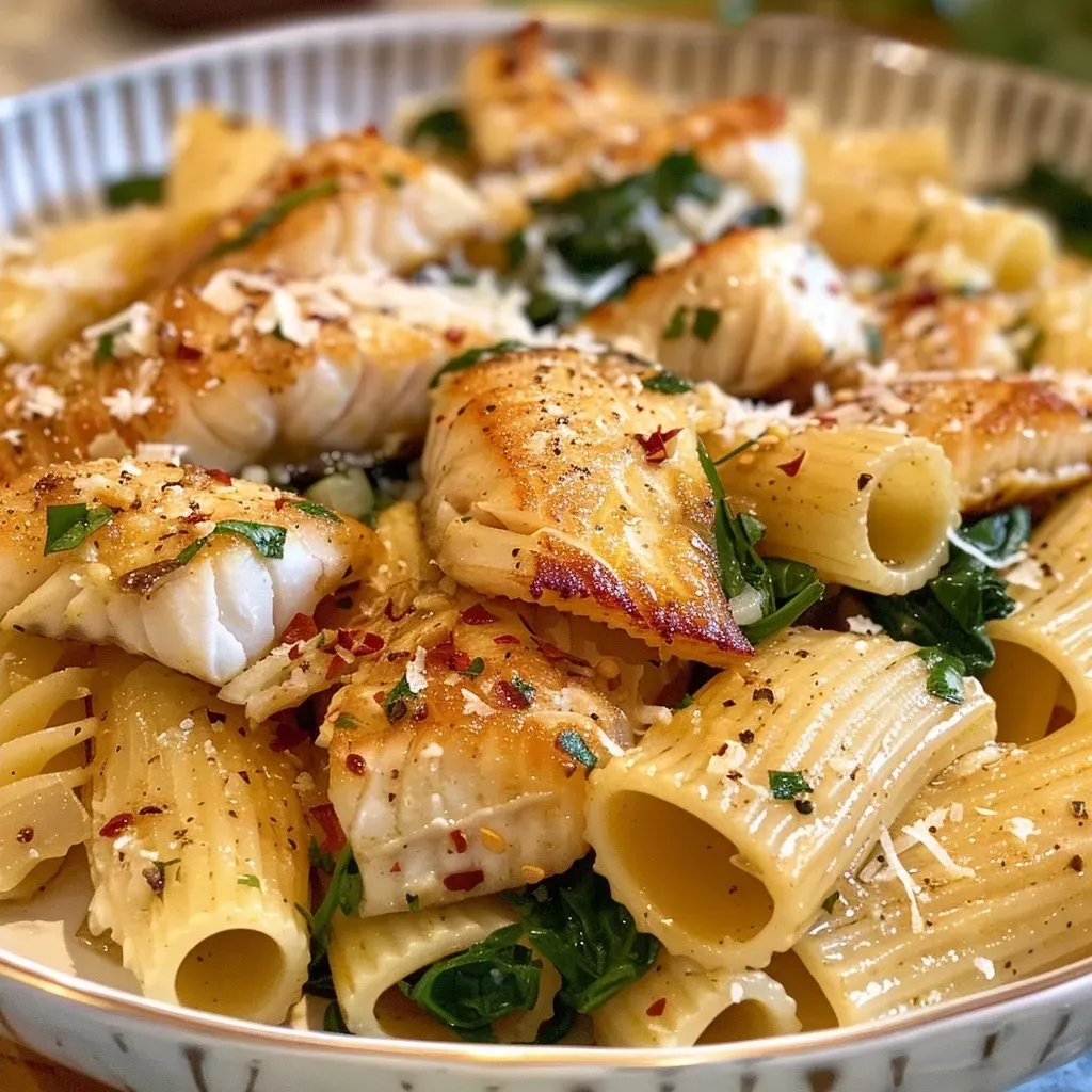 ['A close-up of buttered pasta topped with tilapia, spinach, and basil.', 'Juicy tilapia fillet served over buttered pasta, garnished with lemon zest and fresh herbs.', 'A plate of pasta with a rich buttery sauce, fresh spinach, and a side of tilapia.', 'Side view of tilapia laying atop a bed of buttered pasta with spinach and basil.']