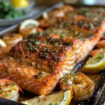 ['A close-up side view of a Cajun Butter Salmon and Shrimp Bake with vibrant colors and glossy texture.', 'Juicy salmon fillet and shrimp topped with spices, surrounded by onion wedges on a baking dish.', 'Succulent Cajun Butter Salmon and shrimp, garnished with fresh parsley and lemon slices.', 'A mouthwatering arrangement of salmon and shrimp, showcasing rich Cajun seasoning.']