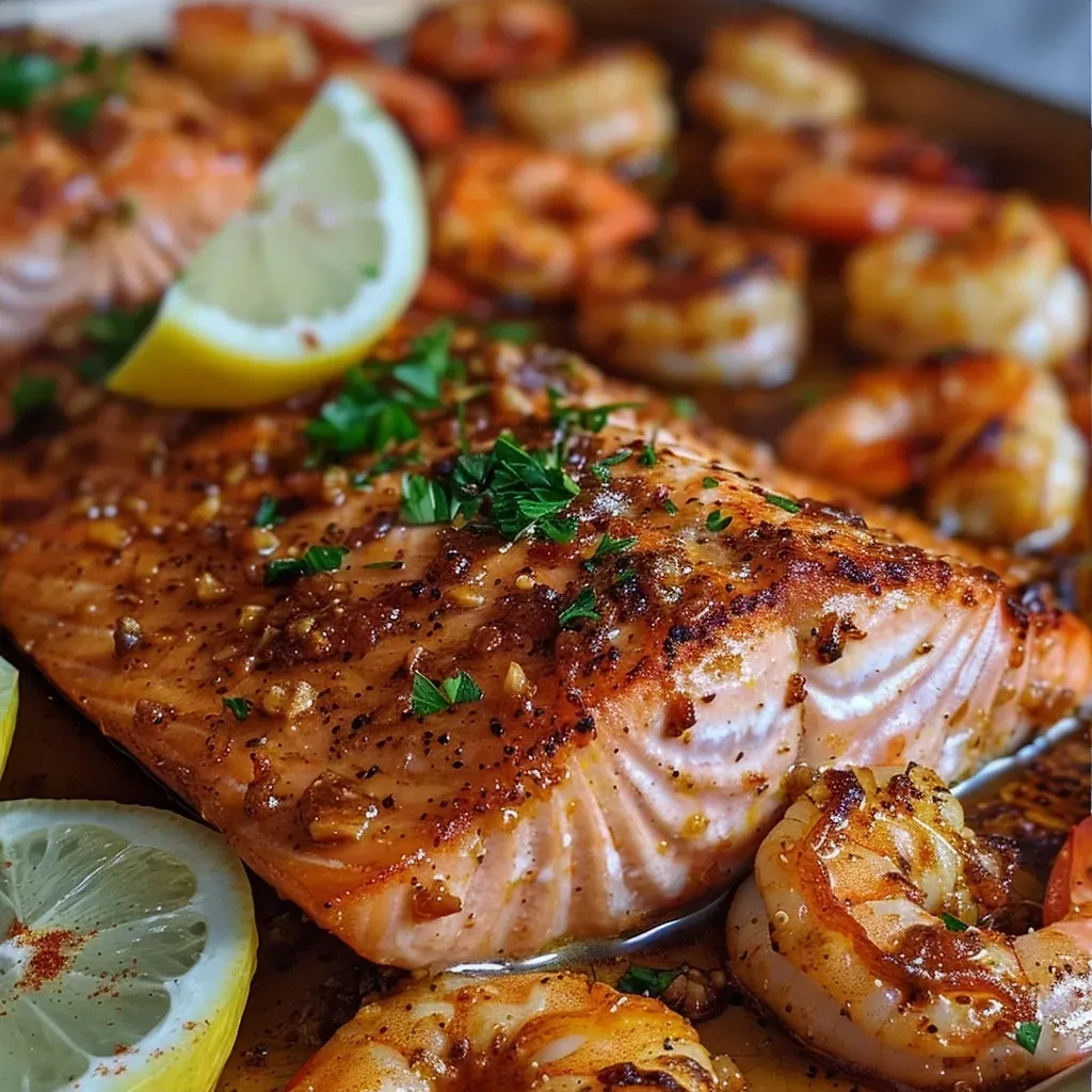 ['A close-up side view of a Cajun Butter Salmon and Shrimp Bake with vibrant colors and glossy texture.', 'Juicy salmon fillet and shrimp topped with spices, surrounded by onion wedges on a baking dish.', 'Succulent Cajun Butter Salmon and shrimp, garnished with fresh parsley and lemon slices.', 'A mouthwatering arrangement of salmon and shrimp, showcasing rich Cajun seasoning.']