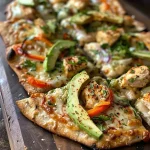 ['Close-up of a Cajun Chicken Flatbread topped with colorful bell peppers and avocado.', 'Side view of a juicy Cajun Chicken Flatbread garnished with fresh cilantro.', 'Detailed shot of a flatbread with Cajun chicken, melted cheese, and sliced vegetables.', 'Appetizing image of Cajun Chicken Flatbread showcasing ingredients layered on flatbread.']