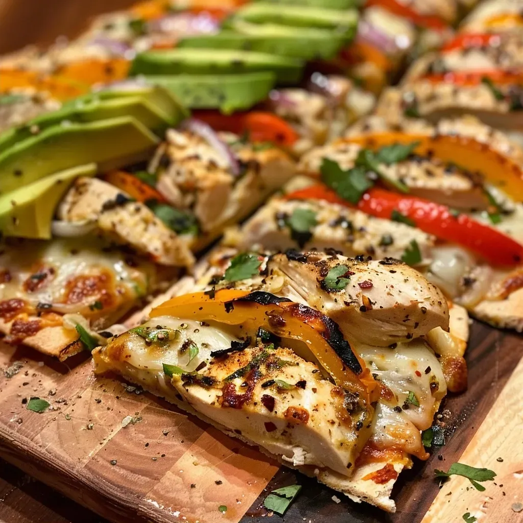['Close-up of a Cajun Chicken Flatbread topped with colorful bell peppers and avocado.', 'Side view of a juicy Cajun Chicken Flatbread garnished with fresh cilantro.', 'Detailed shot of a flatbread with Cajun chicken, melted cheese, and sliced vegetables.', 'Appetizing image of Cajun Chicken Flatbread showcasing ingredients layered on flatbread.']