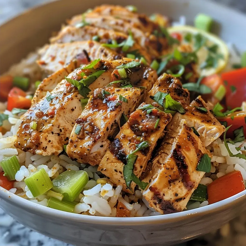 Close-up of a Cajun chicken and rice bowl featuring vibrant bell peppers and creamy texture.