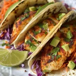 ['Close-up of Cajun fish tacos with vibrant toppings and a lime wedge.', 'Juicy tilapia fish tacos served on corn tortillas with red cabbage and carrots.', 'Side view of colorful Cajun fish tacos garnished with cilantro and avocado.', 'Freshly made fish tacos with Cajun seasoning, lime, and shredded vegetables.']
