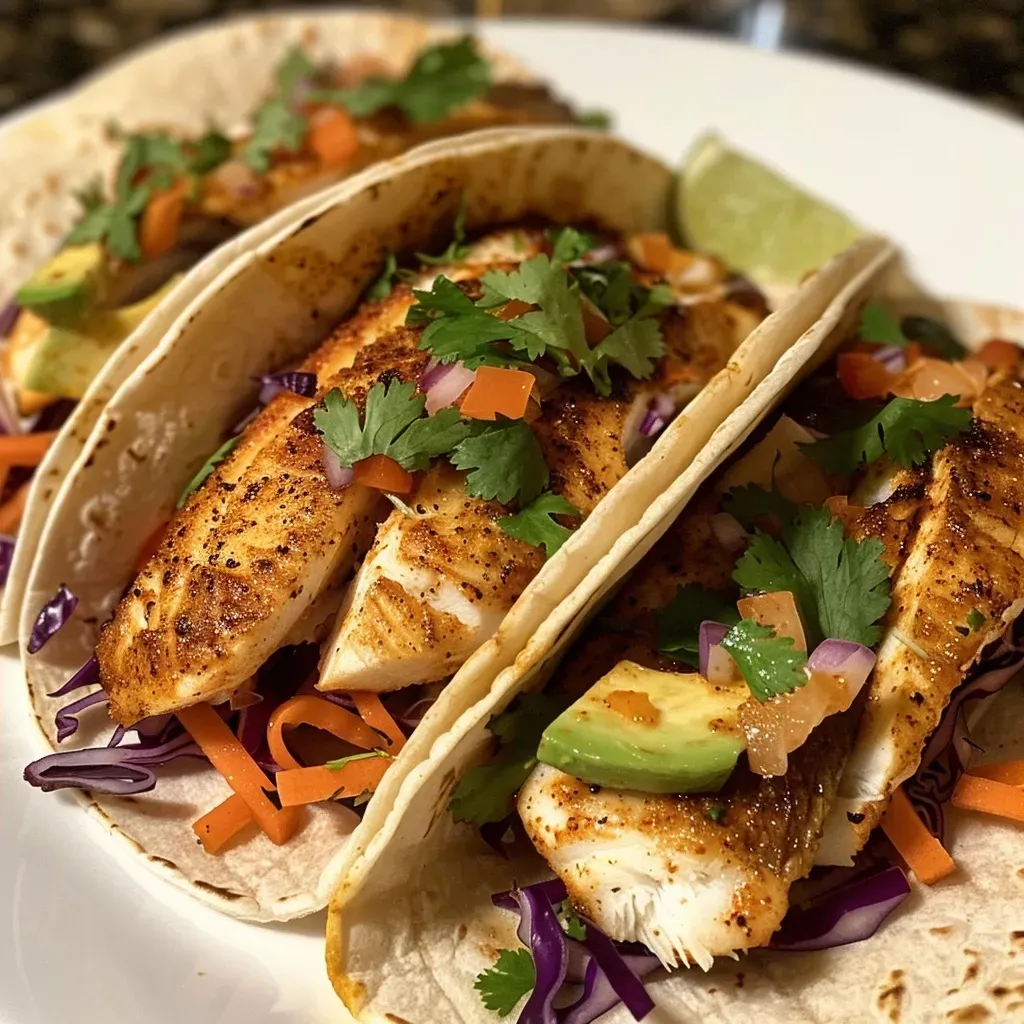 ['Close-up of Cajun fish tacos with vibrant toppings and a lime wedge.', 'Juicy tilapia fish tacos served on corn tortillas with red cabbage and carrots.', 'Side view of colorful Cajun fish tacos garnished with cilantro and avocado.', 'Freshly made fish tacos with Cajun seasoning, lime, and shredded vegetables.']