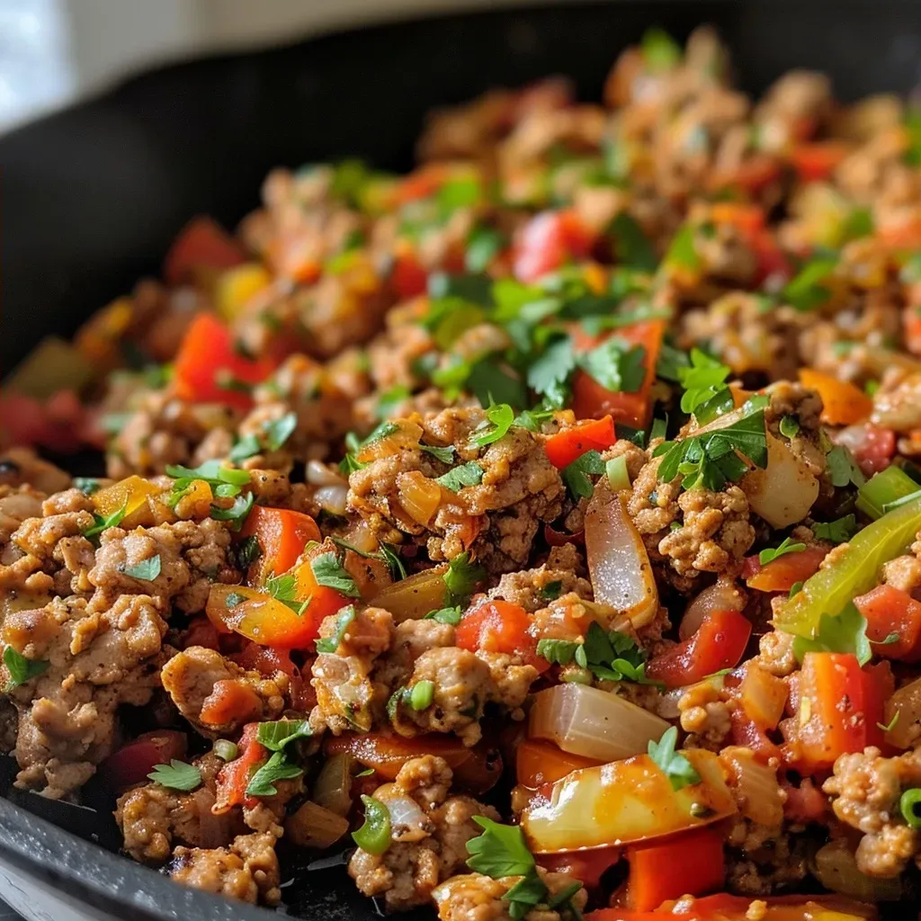 ['Close-up view of a hearty plate of Cajun Ground Turkey with colorful vegetables.', 'Juicy Cajun Ground Turkey dish garnished with fresh herbs, served in a bowl.', 'Side view of a flavorful Cajun Ground Turkey mixture with diced tomatoes and bell peppers.', 'A vibrant serving of ground turkey seasoned with Cajun spices, topped with fresh parsley.']