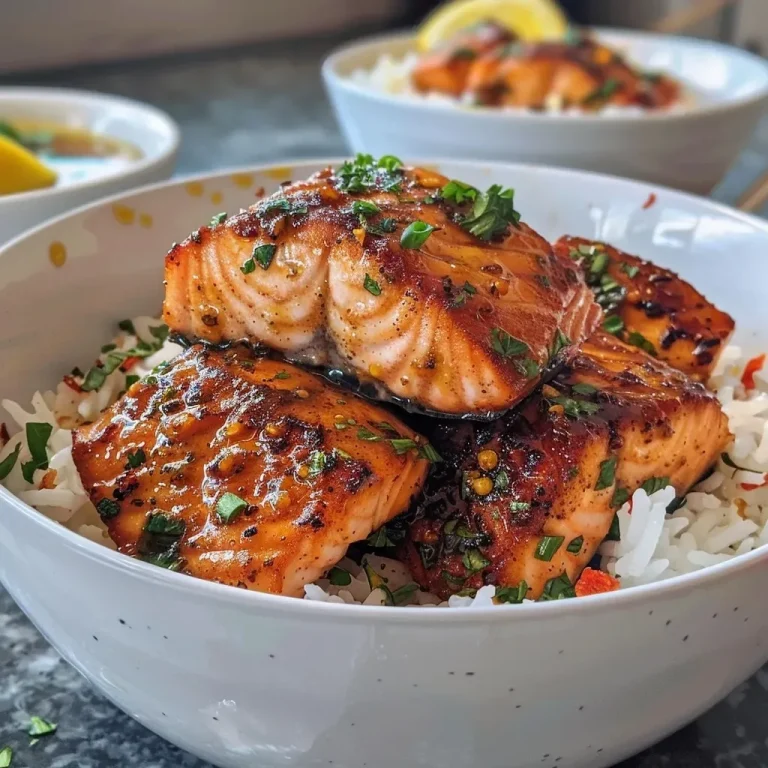 ['Close-up side view of a bowl filled with Cajun Honey Butter Salmon and rice.', 'Juicy Cajun Honey Butter Salmon served over fluffy rice, garnished with parsley.', 'Delicious salmon cubes coated in Cajun spices, resting in a rice bowl with a honey drizzle.', 'Vibrant bowl of Cajun Honey Butter Salmon, garnished with chili flakes and lemon.']