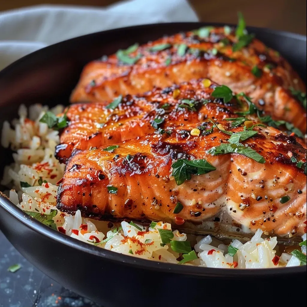['Close-up side view of a bowl filled with Cajun Honey Butter Salmon and rice.', 'Juicy Cajun Honey Butter Salmon served over fluffy rice, garnished with parsley.', 'Delicious salmon cubes coated in Cajun spices, resting in a rice bowl with a honey drizzle.', 'Vibrant bowl of Cajun Honey Butter Salmon, garnished with chili flakes and lemon.']