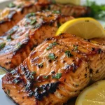 ['Close-up of juicy Cajun Honey Butter Salmon fillet topped with parsley and sesame seeds.', 'Side view of salmon fillet drizzled with honey butter sauce, garnished with lemon wedges.', 'Detailed shot of Cajun Honey Butter Salmon with a crispy skin, plated elegantly.', 'Vibrant salmon fillet cooked to perfection, showcasing Cajun seasoning and honey glaze.']