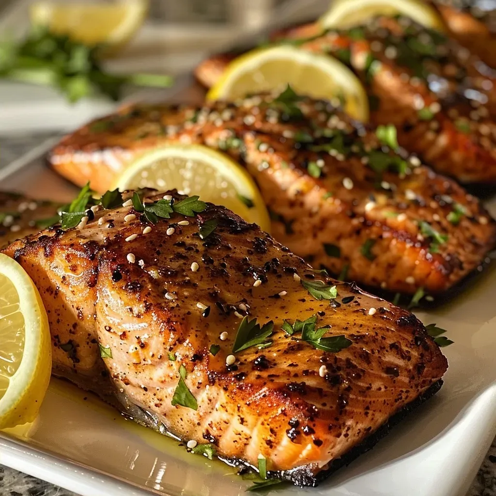 Close-up of juicy Cajun Honey Butter Salmon fillet topped with parsley and sesame seeds.