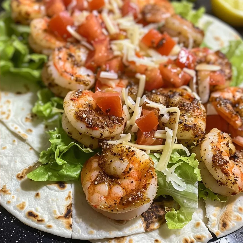 ['Close-up shot of Cajun Parmesan shrimp wraps, showcasing shrimp and toppings.', 'Irresistible Cajun shrimp wraps filled with lettuce and tomatoes, viewed from the side.', 'Side view of a delicious shrimp wrap, highlighting the Cajun seasoning and cheese.', 'Juicy shrimp wrapped in a tortilla, garnished with lettuce and tomatoes.']
