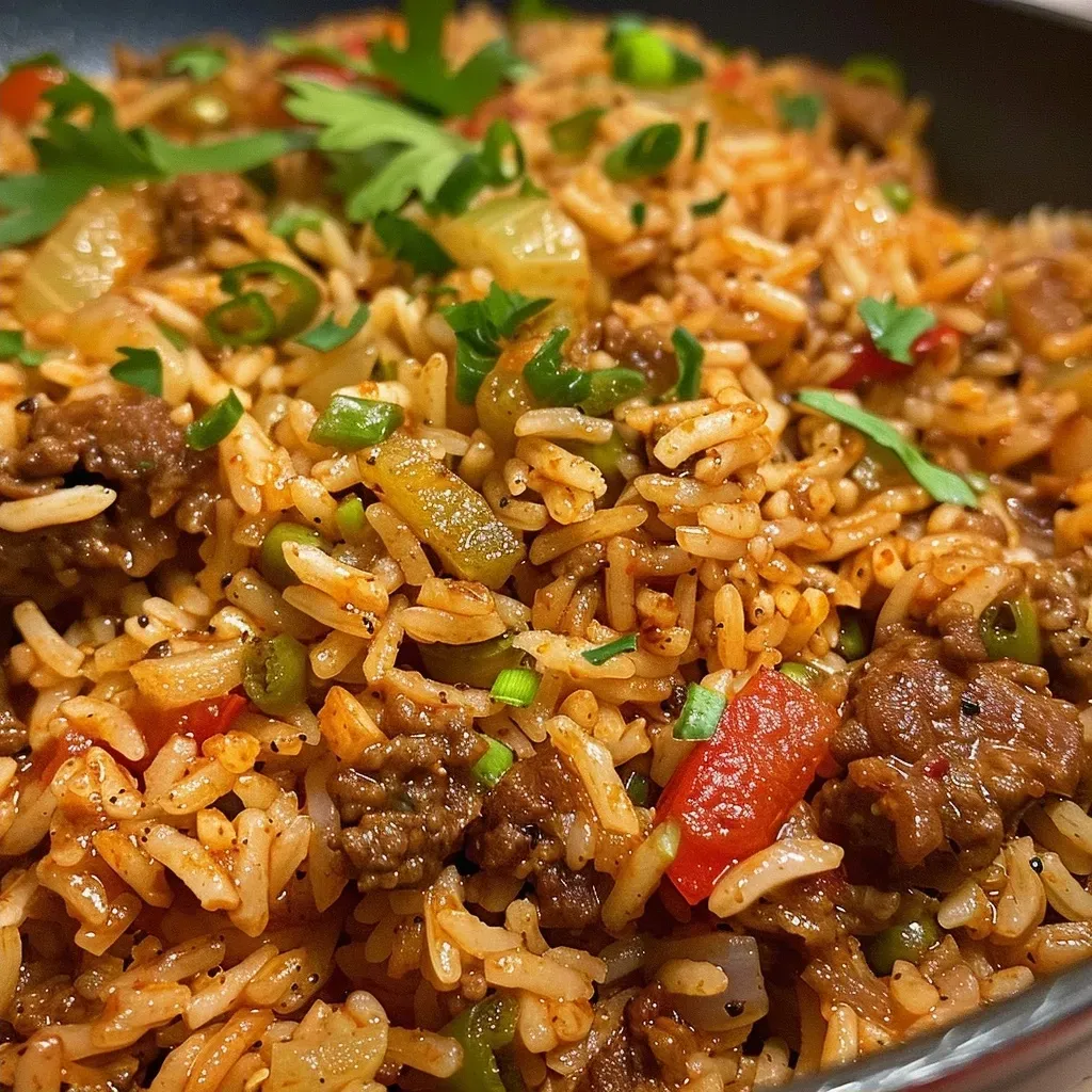 ['Close-up of a bowl of Cajun rice with ground beef and colorful vegetables.', 'Side view of juicy Cajun rice featuring minced chicken gizzards and bell peppers.',