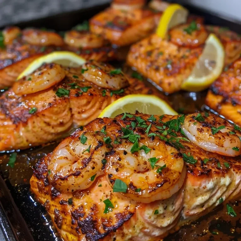 ['Close-up of Cajun salmon and shrimp garnished with lemon slices and parsley.', 'Side view of a colorful plate featuring Cajun-seasoned salmon and shrimp.', 'Juicy, seasoned shrimp and salmon arranged beautifully with garlic and lemon.', 'Detailed shot of succulent Cajun salmon and shrimp, showcasing vibrant colors and textures.']