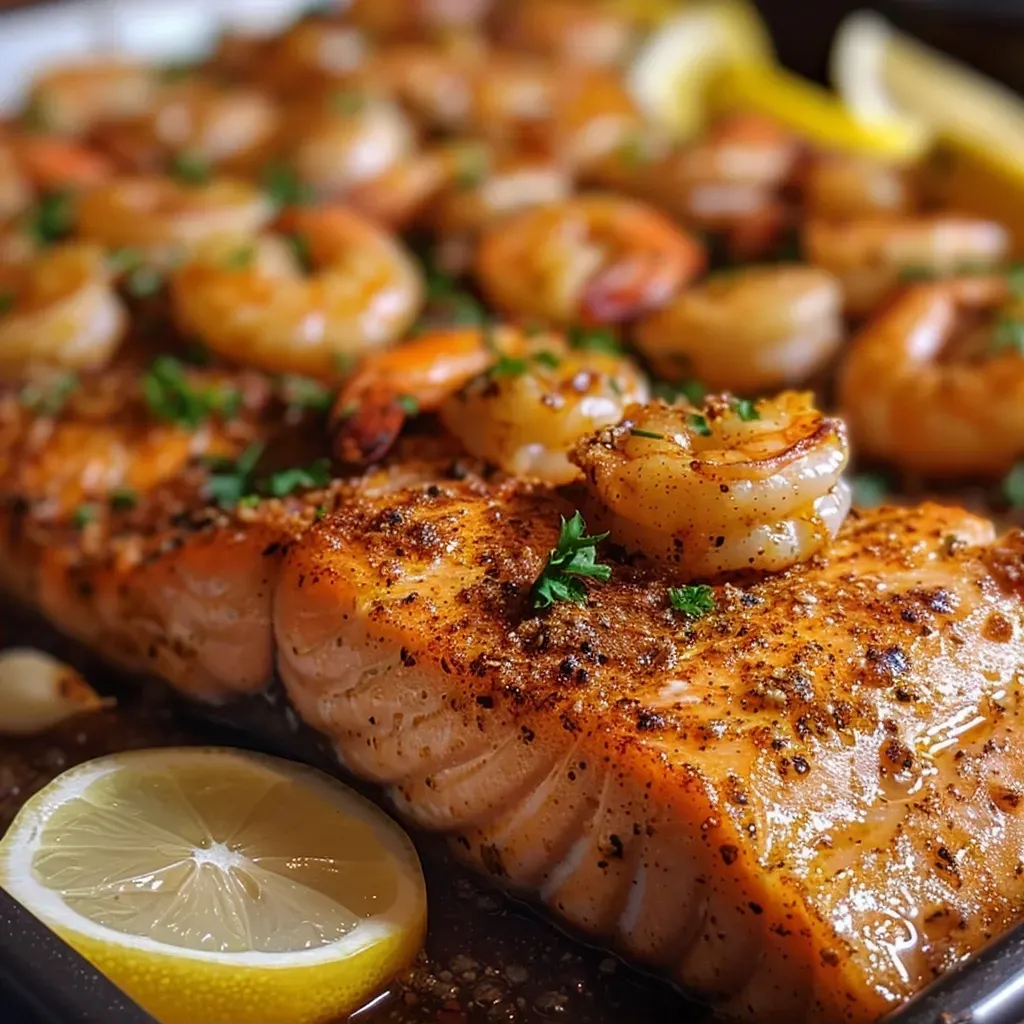 ['Close-up of Cajun salmon and shrimp garnished with lemon slices and parsley.', 'Side view of a colorful plate featuring Cajun-seasoned salmon and shrimp.', 'Juicy, seasoned shrimp and salmon arranged beautifully with garlic and lemon.', 'Detailed shot of succulent Cajun salmon and shrimp, showcasing vibrant colors and textures.']