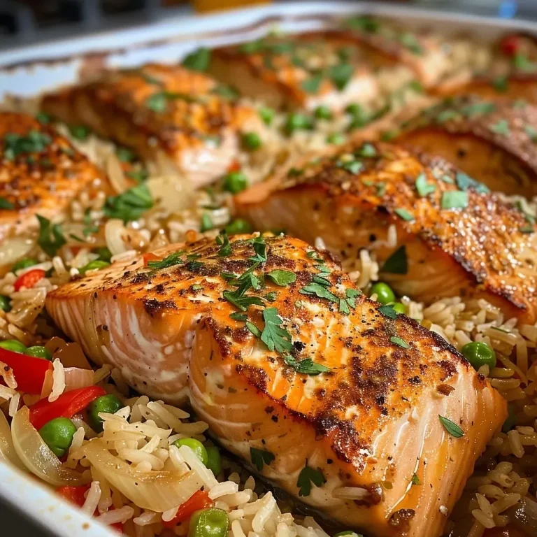 ['Close-up of a creamy Cajun salmon rice casserole with colorful vegetables.', 'Side view of a bubbling casserole dish filled with salmon and rice, topped with cheese.', 'Freshly baked Cajun salmon casserole showing rice, salmon fillets, and herbs.', 'Detailed view of a rich salmon and rice casserole, garnished with parsley.']