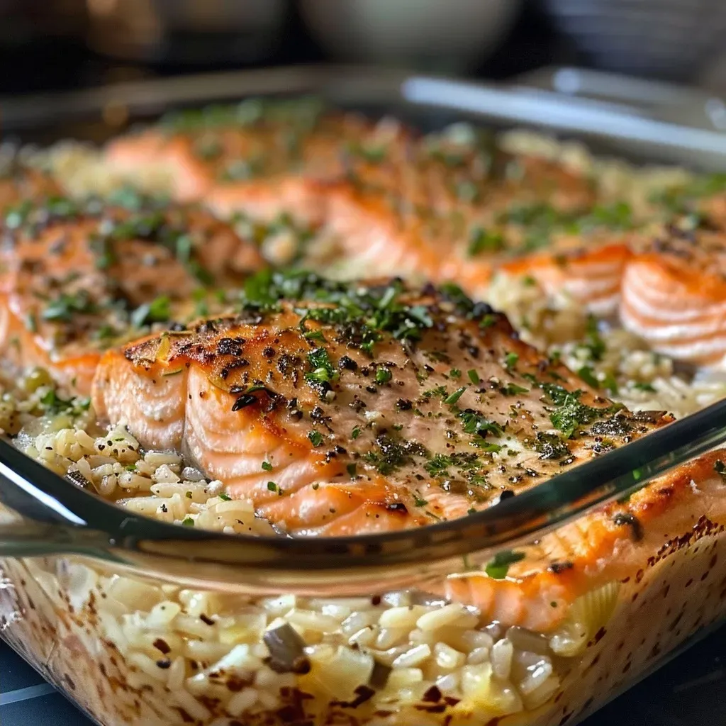['Close-up of a creamy Cajun salmon rice casserole with colorful vegetables.', 'Side view of a bubbling casserole dish filled with salmon and rice, topped with cheese.', 'Freshly baked Cajun salmon casserole showing rice, salmon fillets, and herbs.', 'Detailed view of a rich salmon and rice casserole, garnished with parsley.']