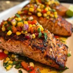 ['Juicy Cajun salmon fillet topped with colorful corn salsa on a white plate.', 'Side view of a well-cooked Cajun salmon with vibrant corn salsa drizzled on top.', 'Close-up of a salmon fillet garnished with fresh corn salsa, showcasing vivid ingredients.', 'Detailed shot of Cajun salmon served alongside a bright and fresh corn salsa mixture.']